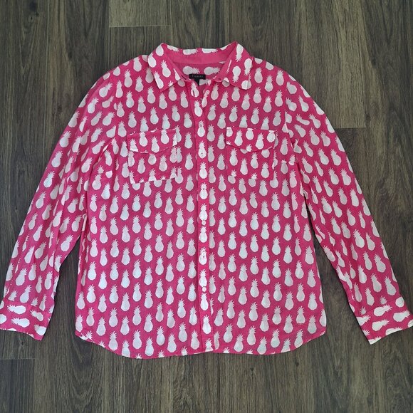 💙 Talbots Pineapple Pink 100% Cotton Lightweight Size L Button UP Shirt Preppy - Picture 1 of 8